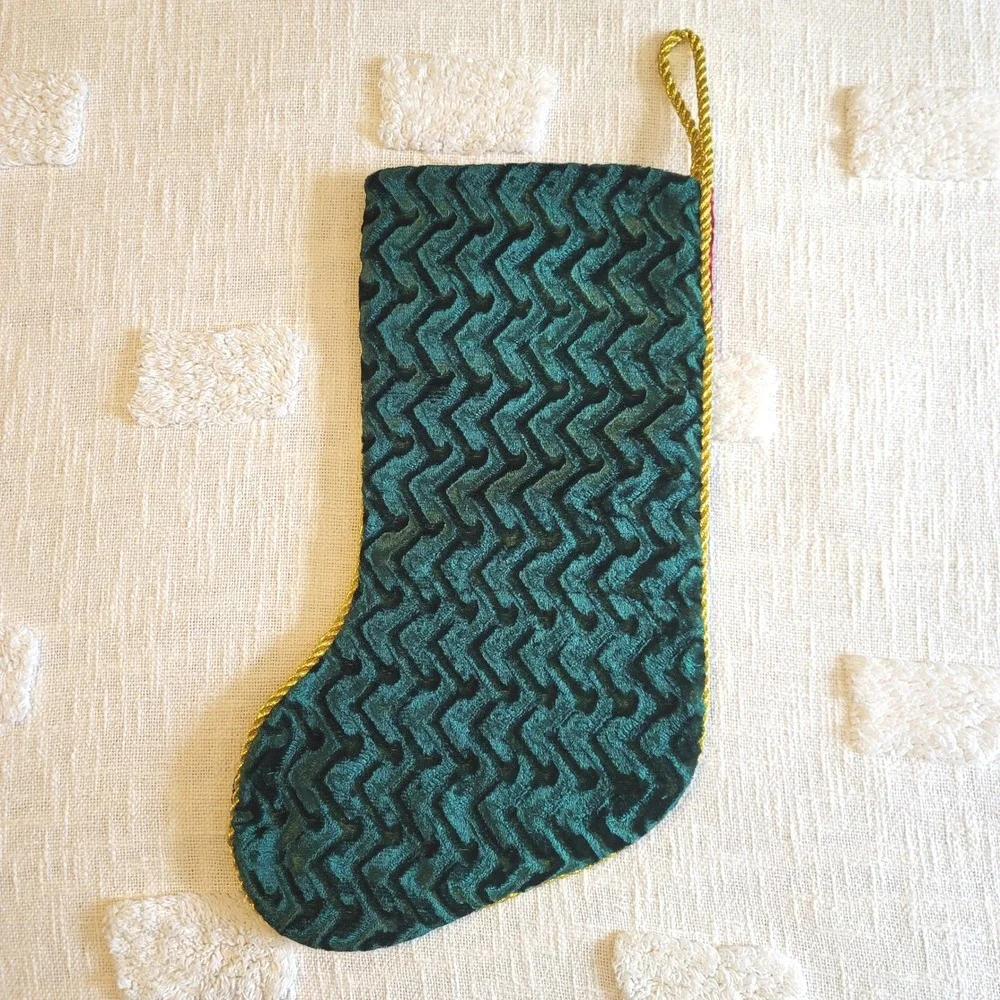 Holiday Style Velvet Christmas Stocking Green Red Gold Snowflake Beaded 8x19 NEW